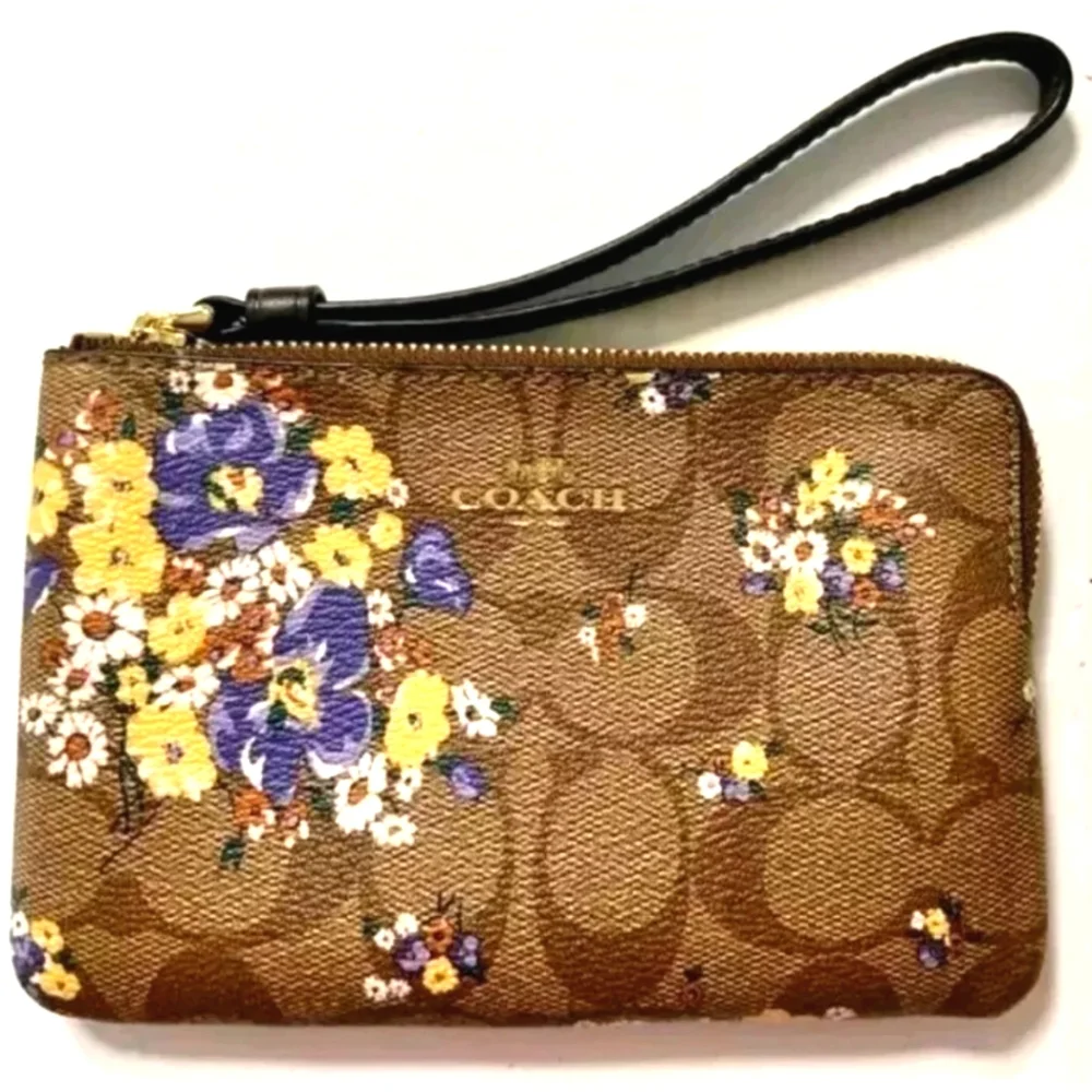 Coach Corner Zip Wristlet Floral Medley Bouqet - Purple & Yellow *FAST SHIPPING* - Picture 1 of 7